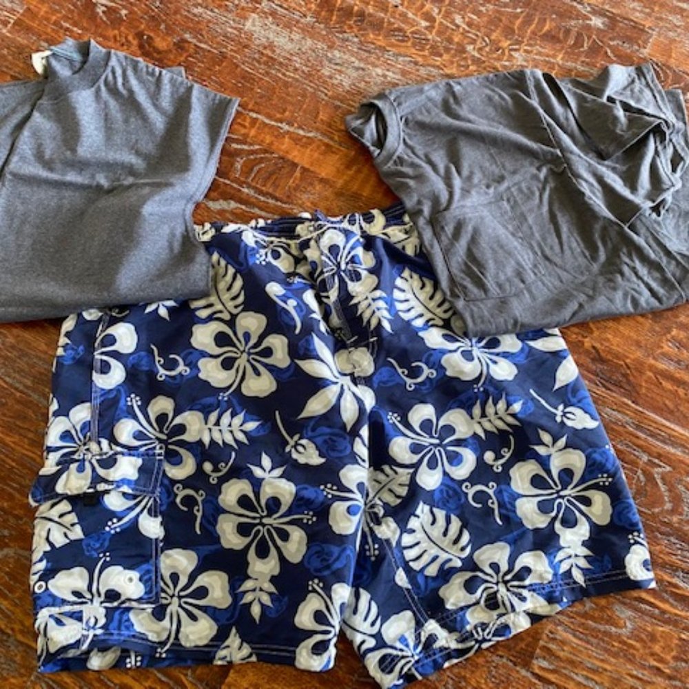 Bundle 3 * BURNSIDE Blue White Gray TROPICAL SWIM TRUNKS + 2 New GRAY Tees ~ XL